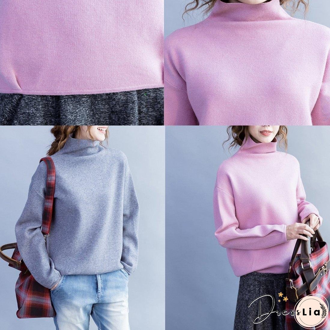 Light gray womens cashmere sweaters long sleeve knitted sweater chunky style
