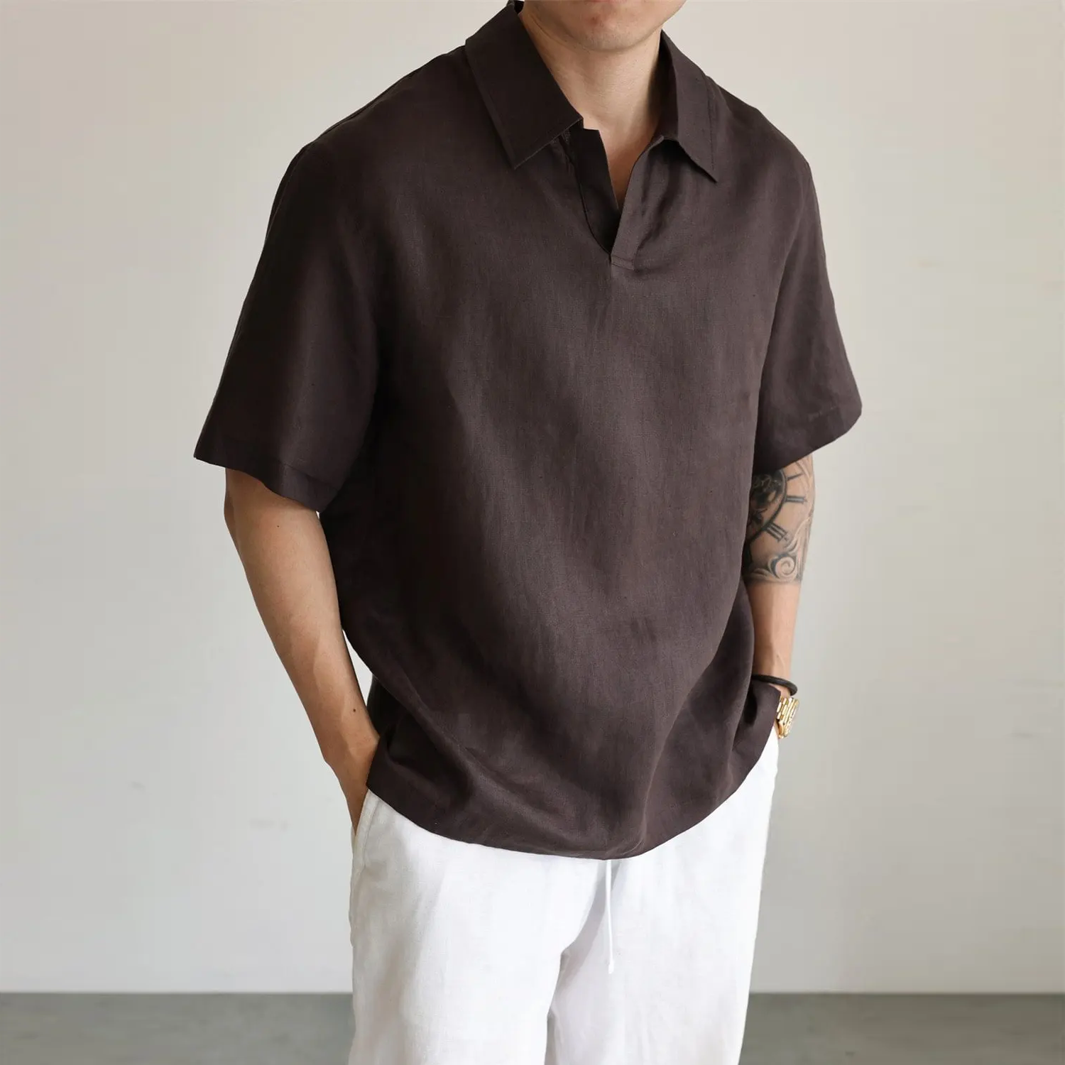 100% European Linen Shirt Half-Open Collar Casual for Men REAL SILK LIFE