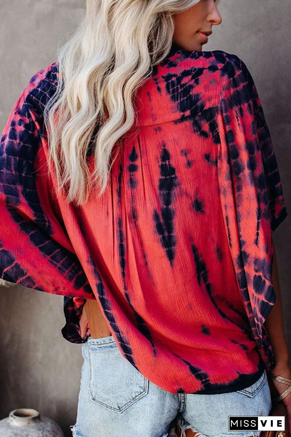 Tie Dye Print V-Neck Bat Sleeve Blouse
