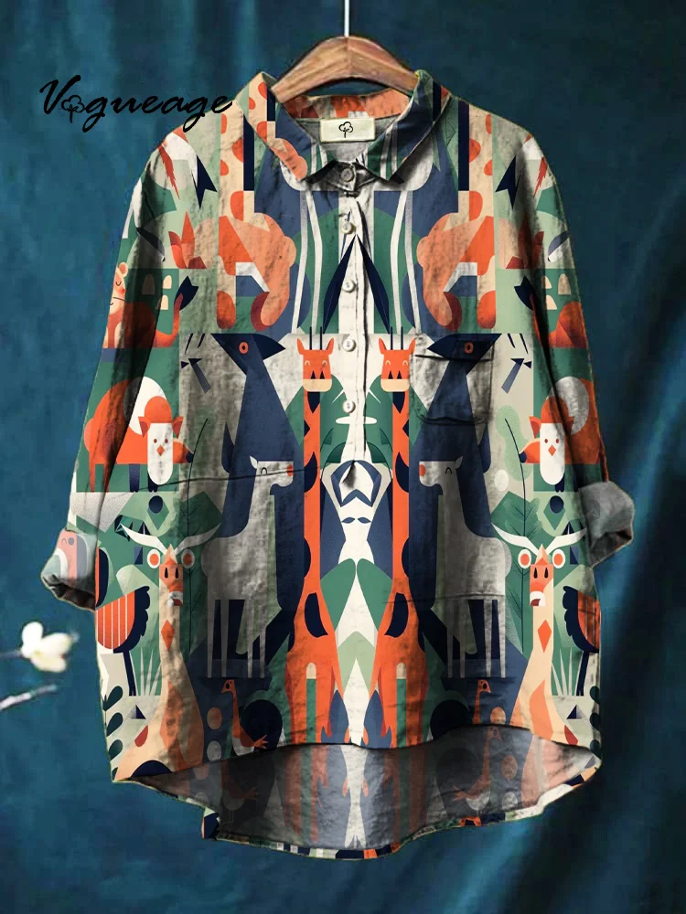 Unique Geometric Animal Portraits Printed Cotton And Linen Shirt