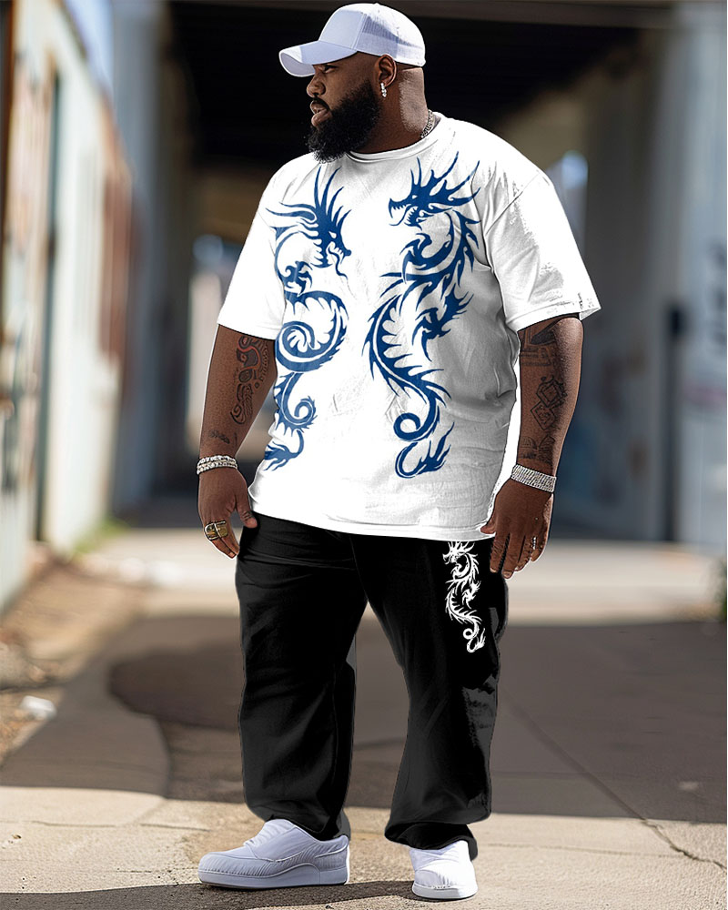 Men's Plus Size Blue Ssangyong Totem Print T-Shirt Trousers Suit