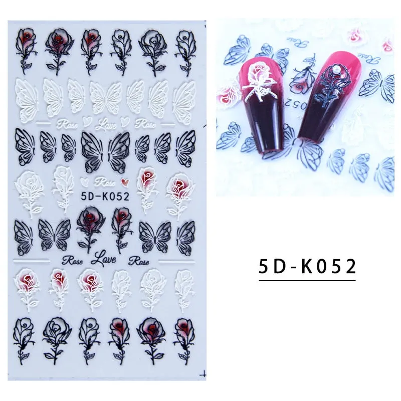 5D Butterfly Nail Sticker Engraved White Flower Sliders Embossed Lace Wedding Nail Art Design Monogram Decals Manicure Tools-Nail Inspo