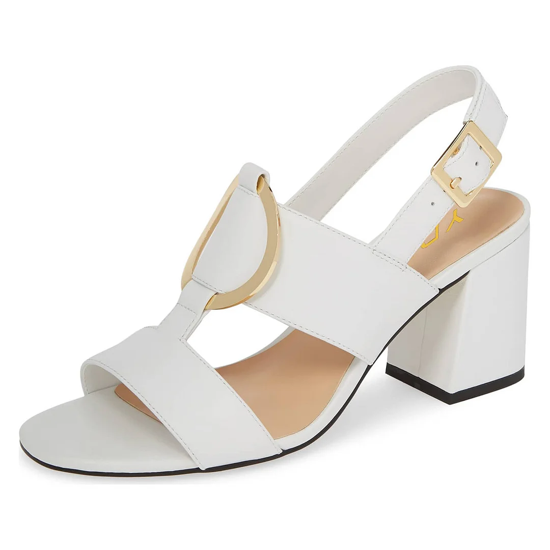 White Open Round Toe Summer Sandals Slingback Heels with Buckle