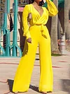 Fashion Yellow Belted V-Neck Wide Leg Jumpsuit