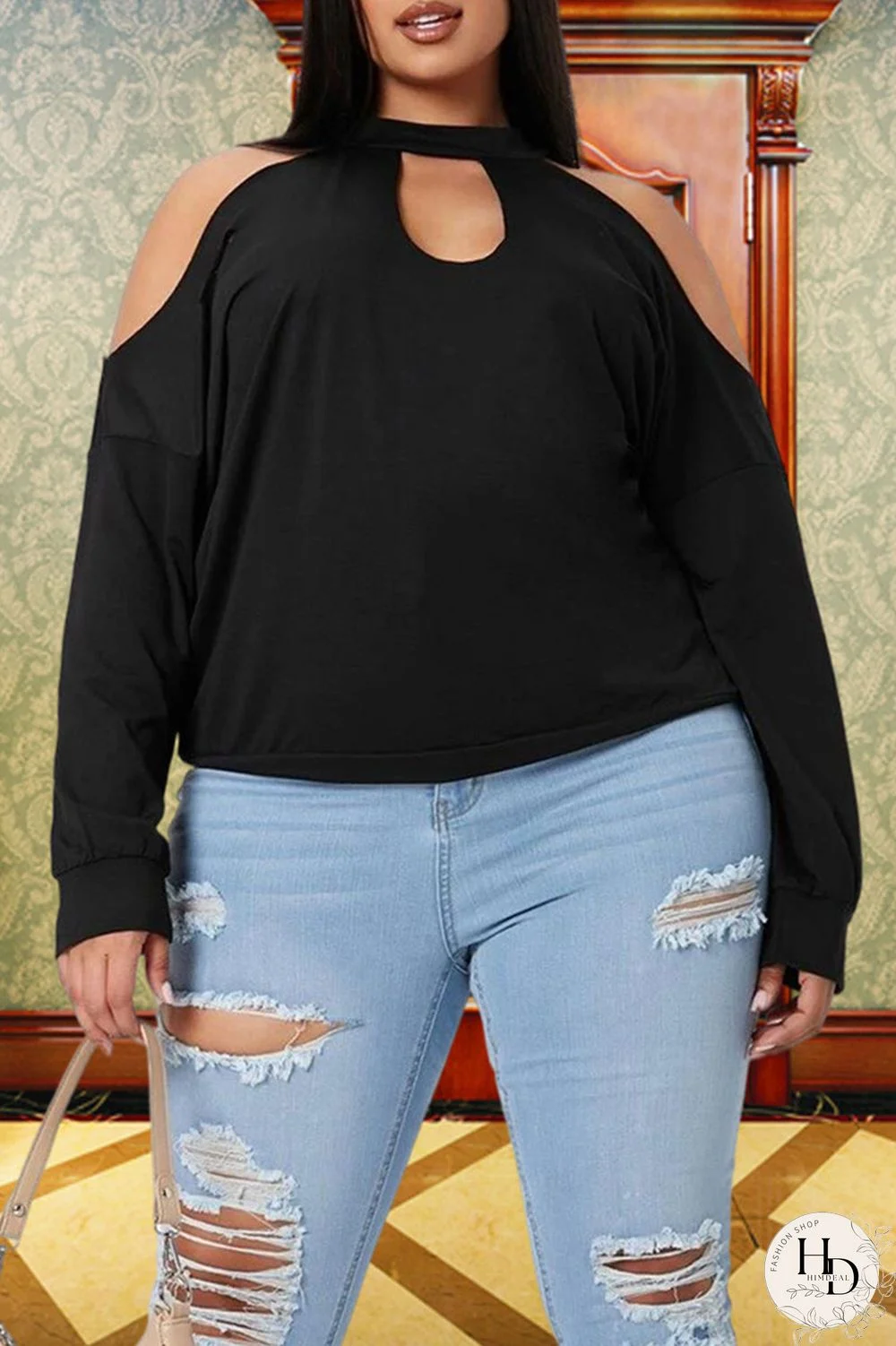 Black Fashion Casual Solid Split Joint O Neck Plus Size Tops