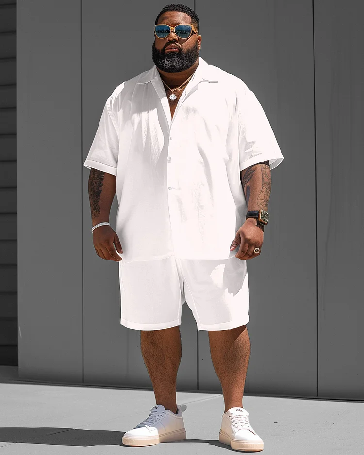 Men's Plus Size Versatile White Solid Color Short Sleeve Shirt Shorts Suit