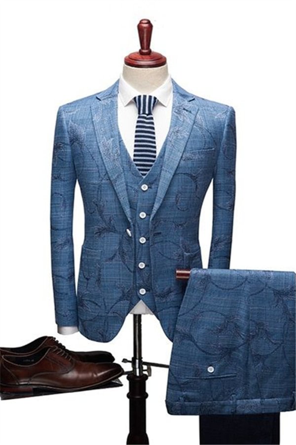 Ocean Blue Notched Lapel Print Designer Wedding Suits For Men | Ballbellas Ballbellas
