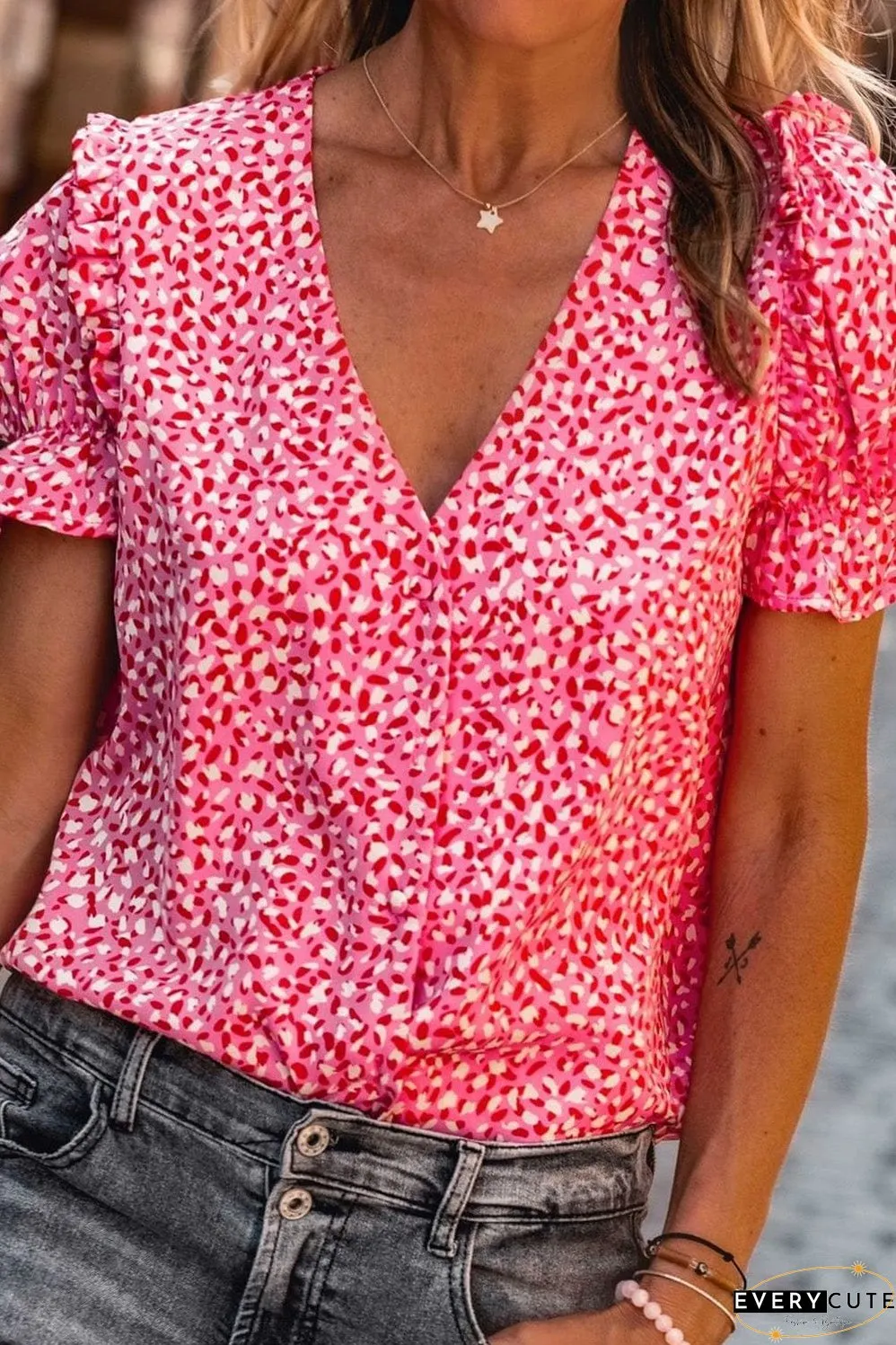 Layered Plaid Short Sleeve V-Neck Lotus Leaf Blouses