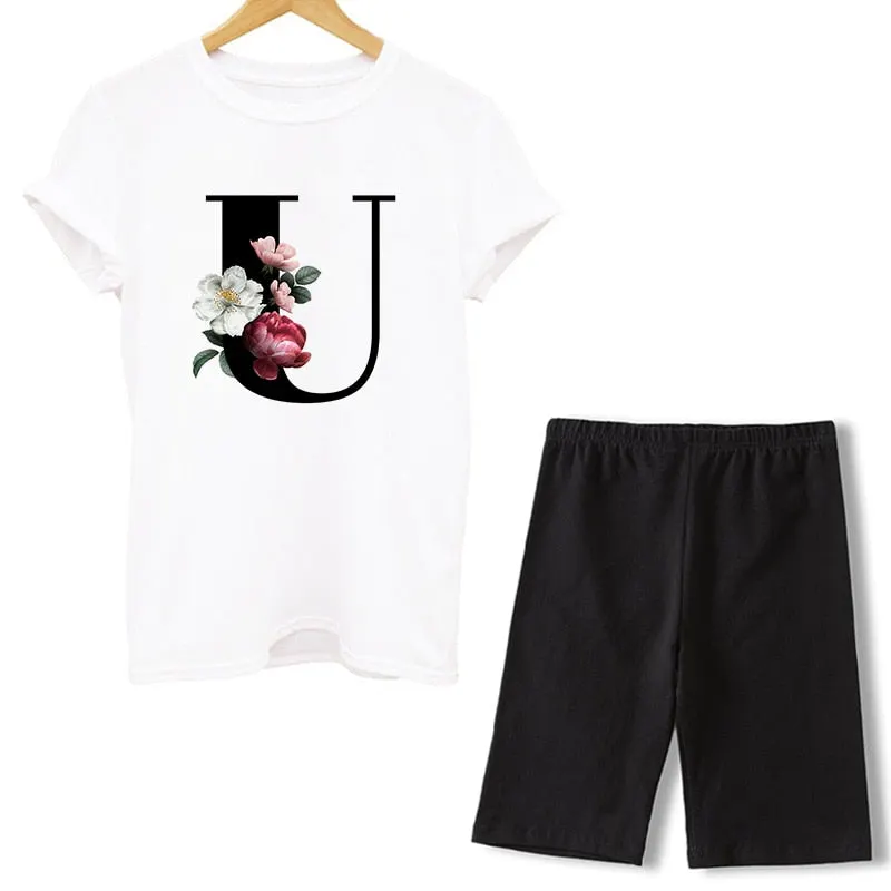 Women Two Piece Set Letter T Shirts And Shorts Sets Summer Short Sleeve O-neck Casual Biker Tracksuit Sexy Outfit For Woman 2