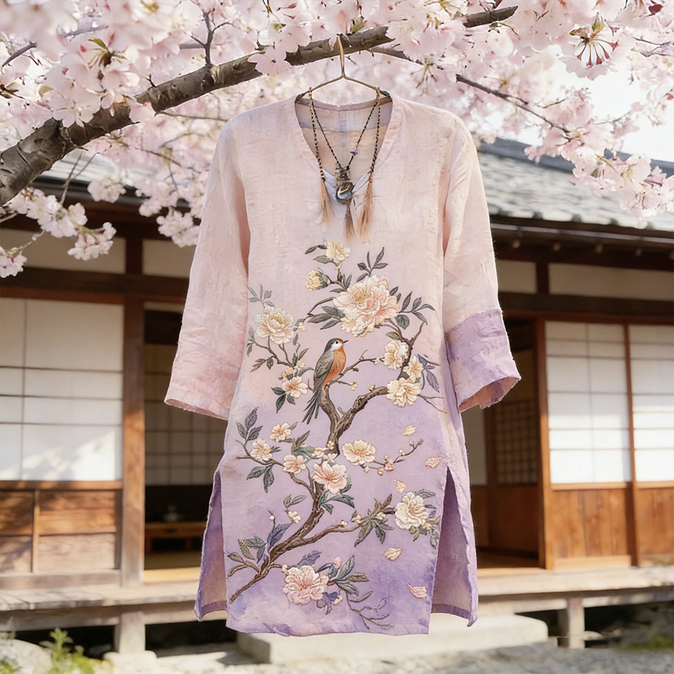 Japanese Art Flower And Bird Embroidery Pattern Women's Linen Top elevenforest