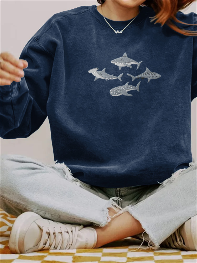 Comstylish Shark And Whale Print Crew Neck Casual Sweatshirt