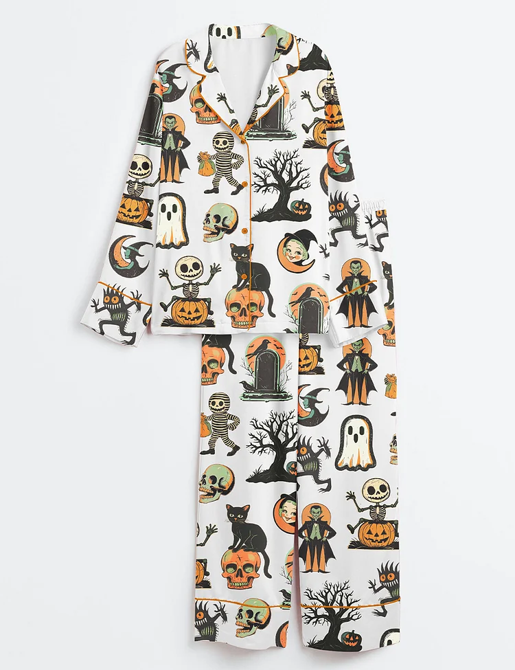 Women&rsquo;s Vintage Halloween Pumpkins Witches Long Sleeve Satin Pajama Set