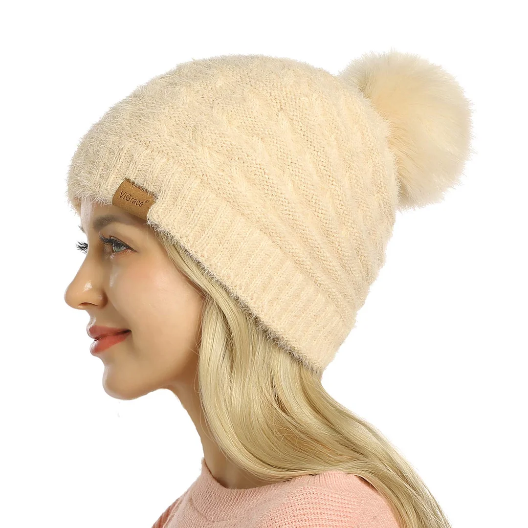 Womens Winter Hat Slouchy Warm Beanie Hats Faux Fur Pompom Chunky Baggy Ski Cap with Fleece Lined for Women