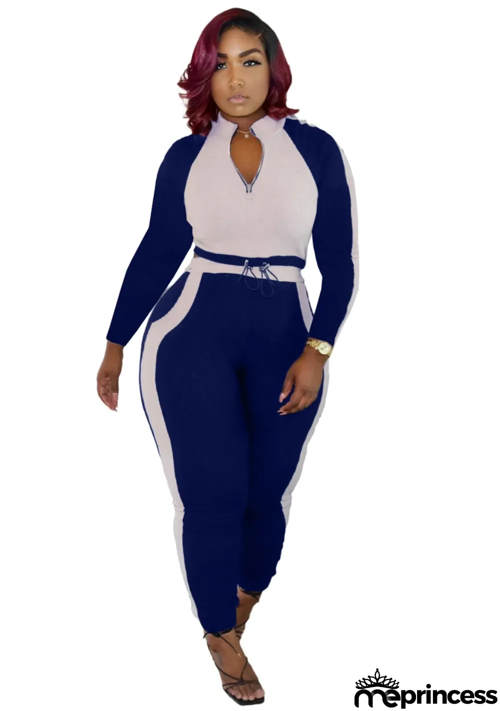 Two-Piece Matching Contrast Ziper Top and Pants Set