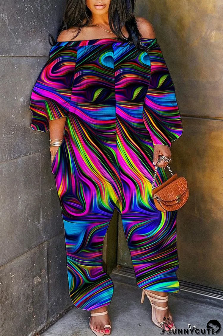 Multi-color Casual Print Patchwork Off the Shoulder Regular Jumpsuits