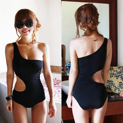 2016 Sexy One Piece Swimsuit Bandage For Women Solid One shoulder Cut Out Monokini Swimwear Bathing Suit bodysuit Black