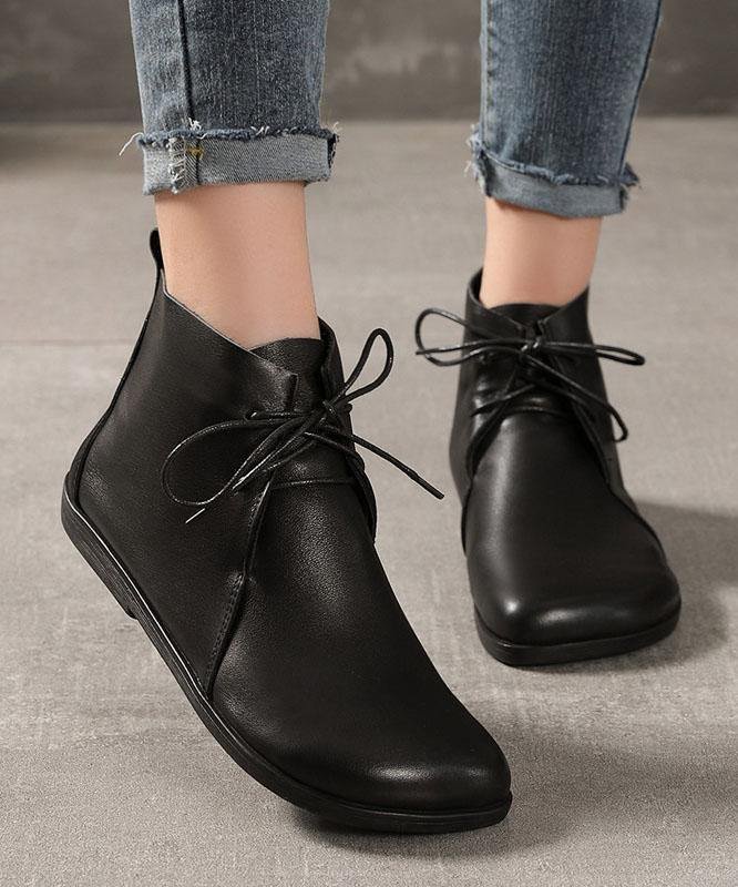 Casual Cross Strap Boots Black Cowhide Leather Ankle boots