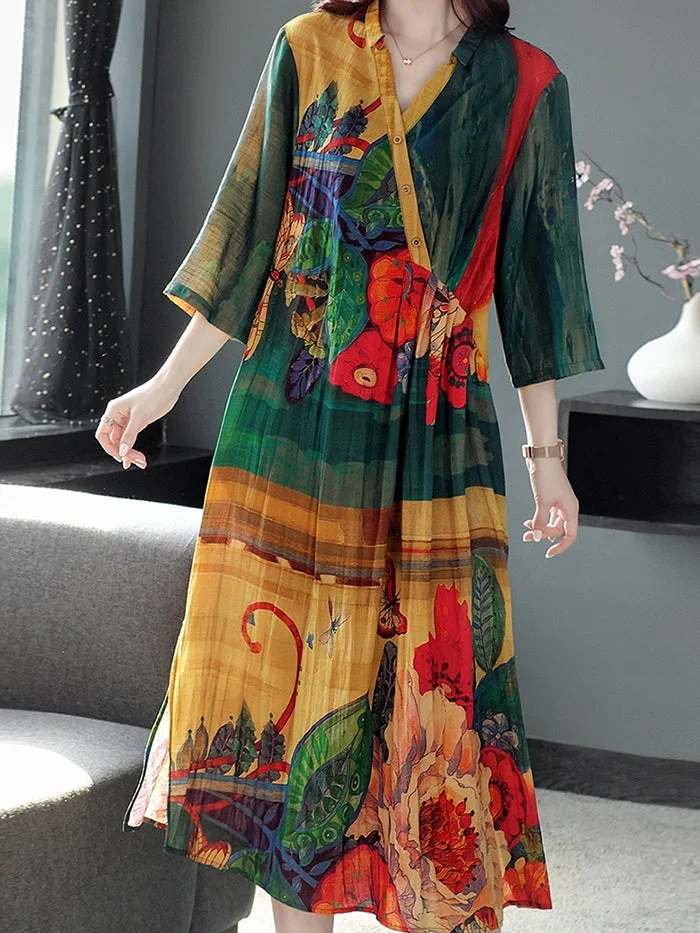 Fashion Cotton Linen Ramie Print Dress