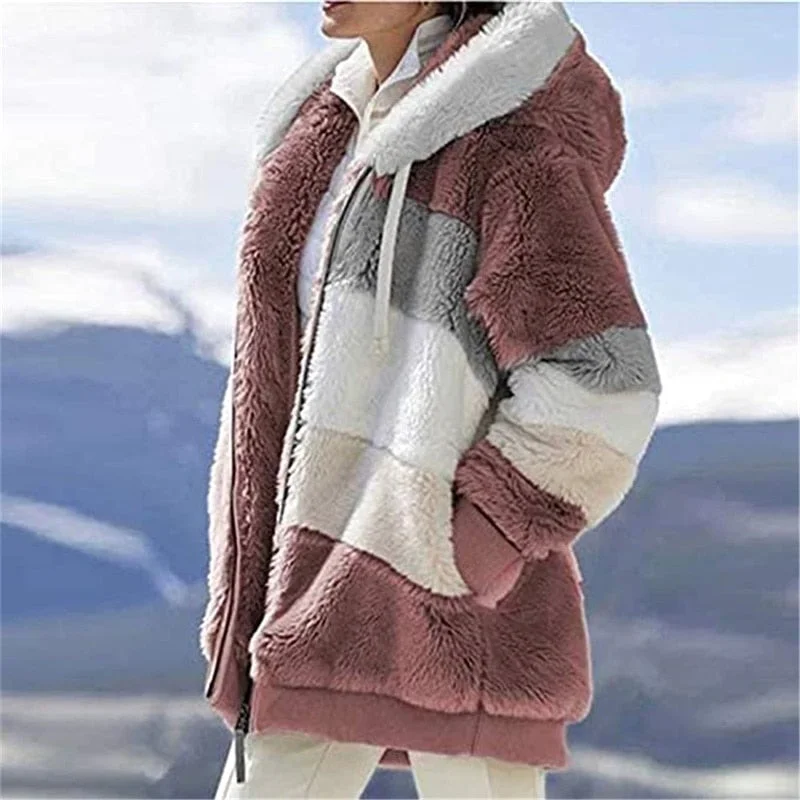 Women Warm Hooded Jacket Winter Zipper Casual Patchwork Loose Coat Fashion Faux Fur Parka Fleece Drawstring Plus Size Coat