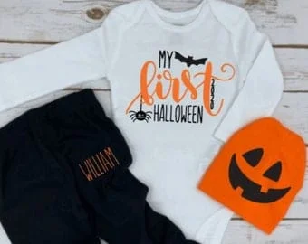 Pornhint 1st Halloween Baby outfit | 1st Halloween onesie¨ | Gender neutral First Halloween onesie¨ | Halloween name onesie¨ | Pumpkin hat