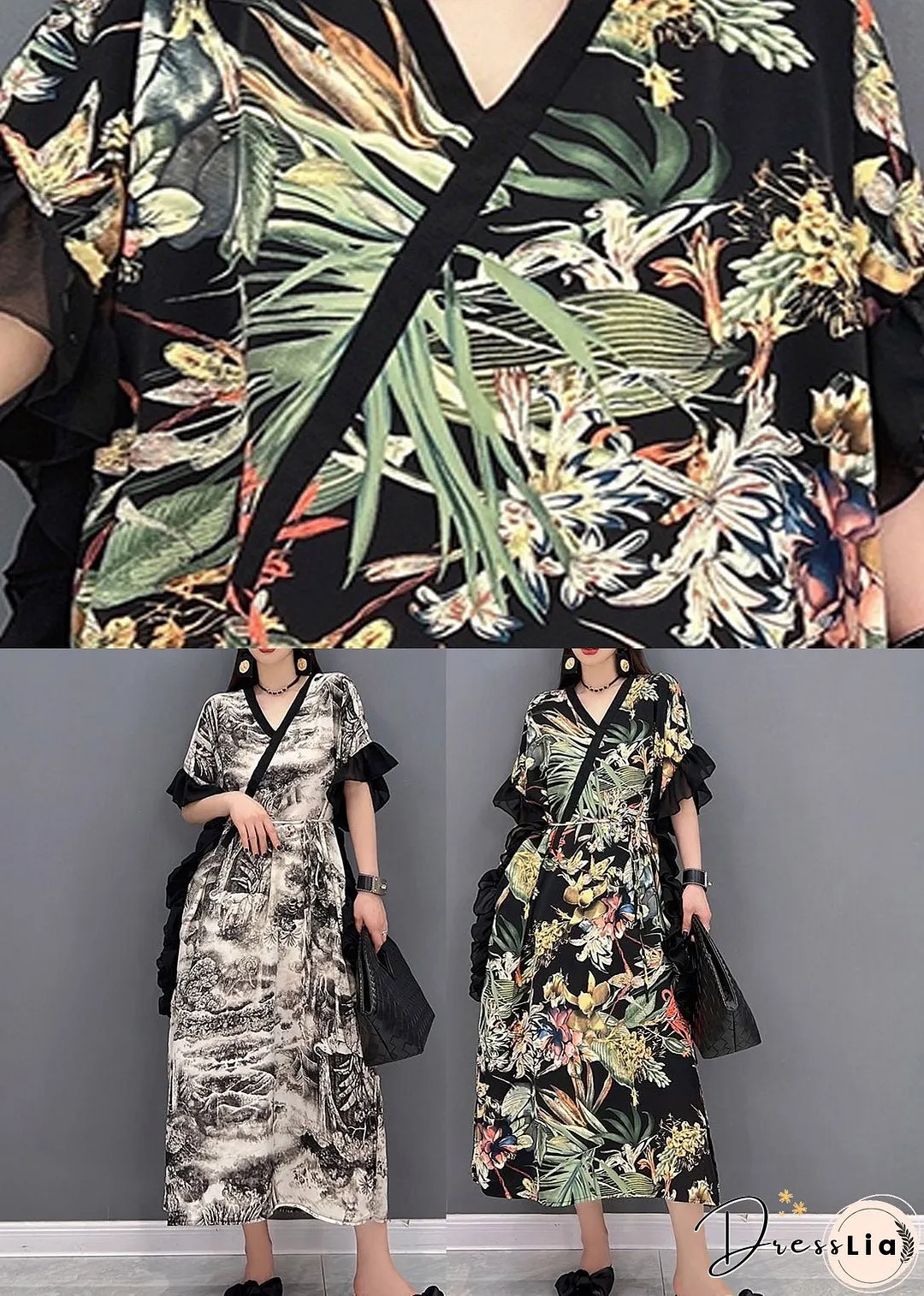 Green Side Open Print Long Dress Short Sleeve