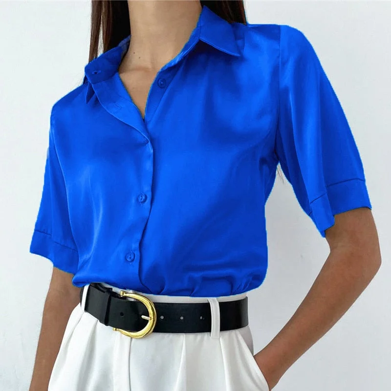 Women Solid Satin Shirt Female Fashion Half Sleeve Shirts Blouse Office Lady Silk Blouse Tops 2022 Spring Basic Shirt Top