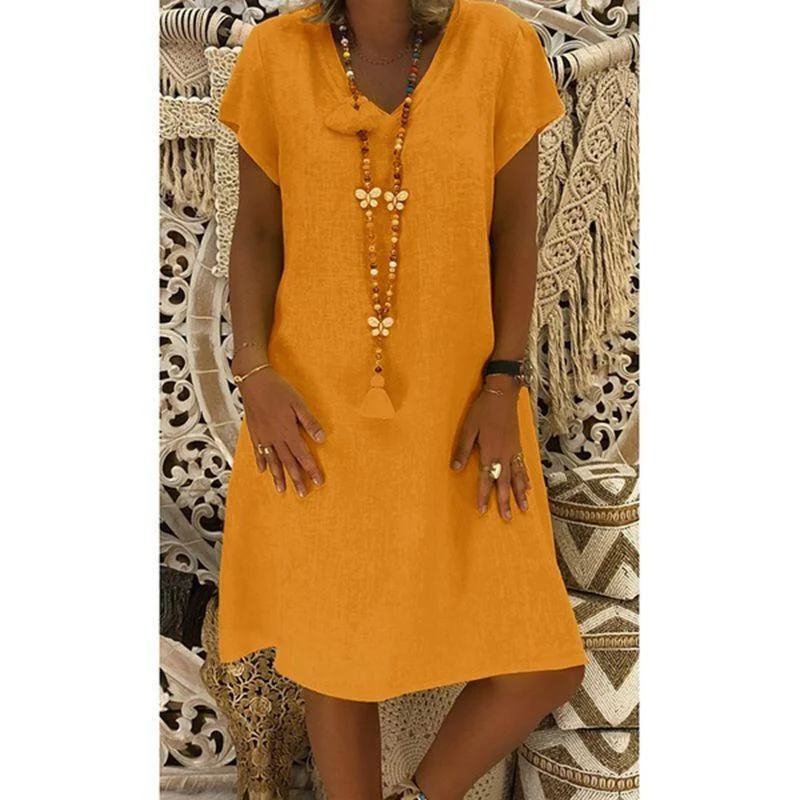 Women's V-neck Solid Casual Dress Loose Dress