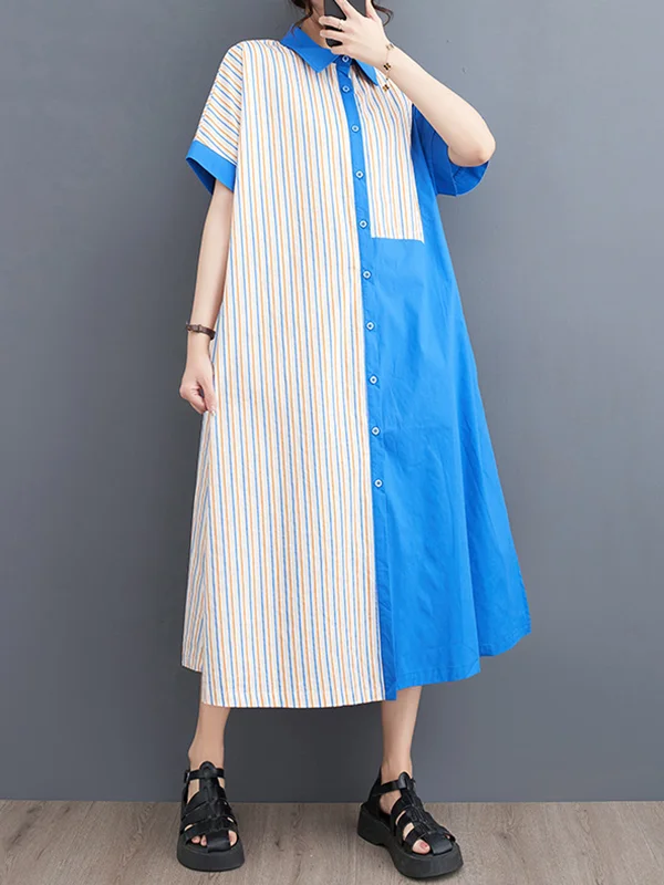 Loose Short Sleeves Asymmetric Split-Joint Striped Lapel Midi Dresses Shirt Dress