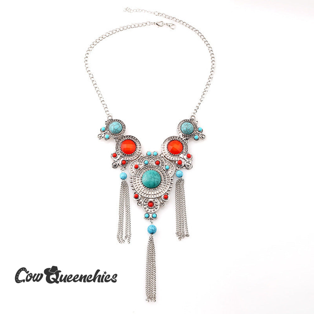 Vintage Turquoise Chain Tassel Necklace Multicolor / One-Size