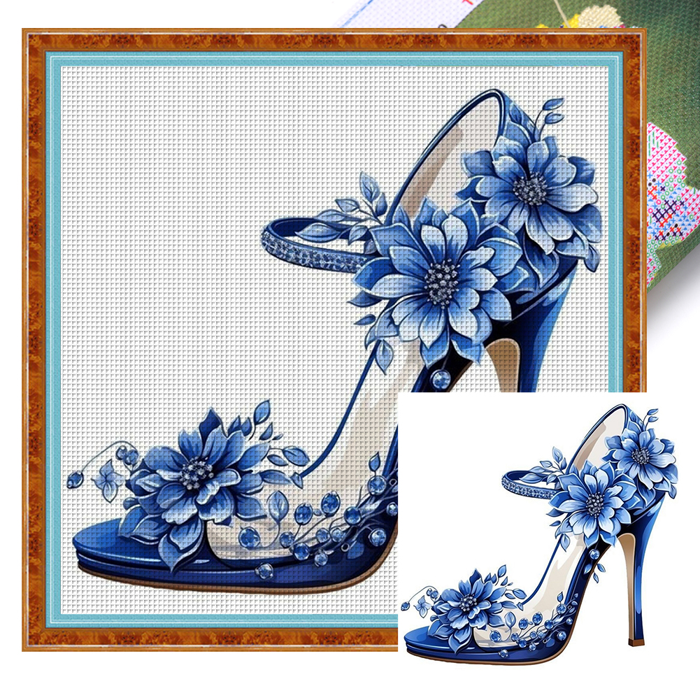 Blue And White Porcelain-High Heels Full 11CT Pre-stamped Canvas(40*40cm) Cross Stitch
