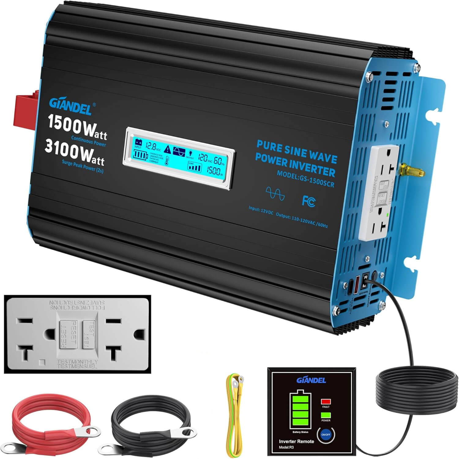 1500 Watt Pure Sine Wave Power Inverter 3100W Surge Peak Powe 12V DC to 120V AC