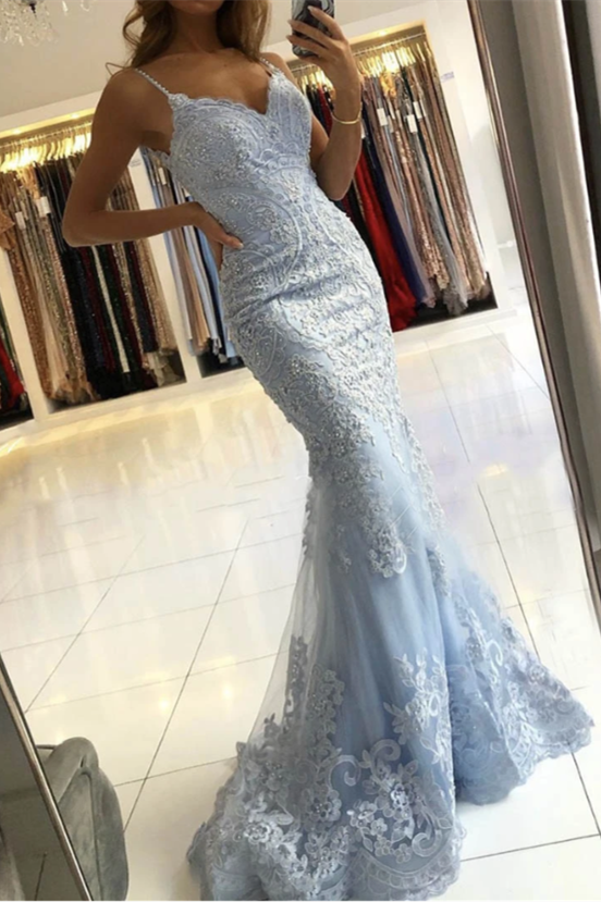 Luluslly Sky Blue Spaghetti-Straps Mermaid Evening Dress Lace Appliques