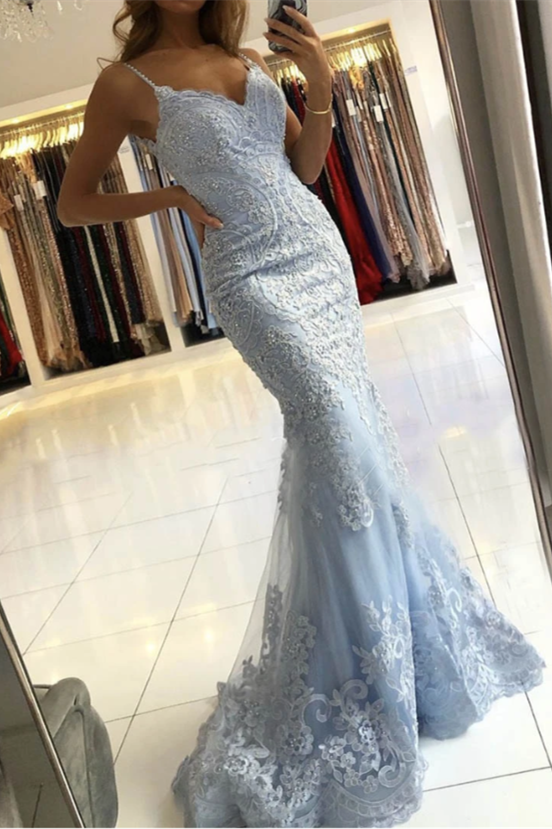 Aubrie Sky Blue Mermaid Spaghetti Straps Lace Tulle Prom Dress