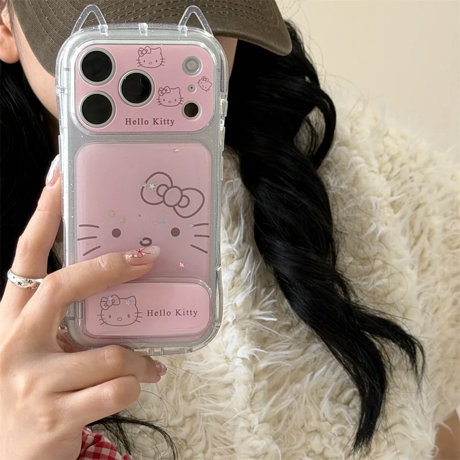 甘い立体猫耳とかわいいキティちゃん顔文字 iPhone 17 Pro Max / 16