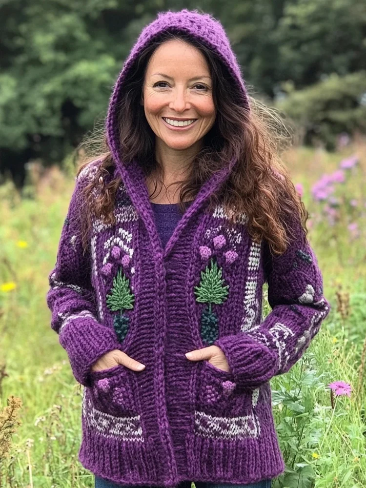 Utbros Scottish Floral Knitting Pattern Women's Hooded Cardigan