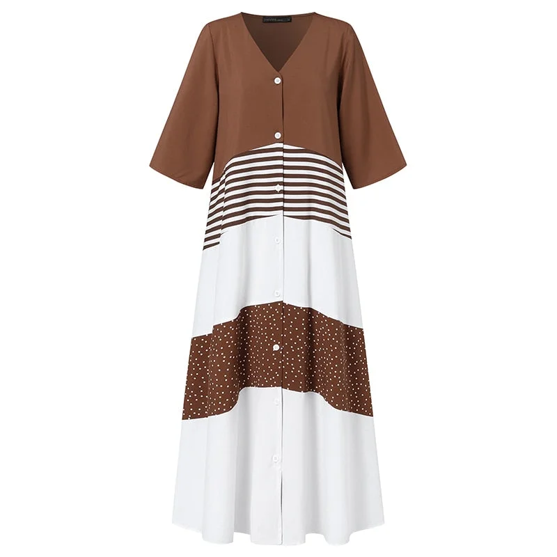 Women Vintage V Neck Half Sleeve Sundress ZANZEA Summer Polka Dot Printed Long Shirt Dress  Patchwork Kaftan Vestidos