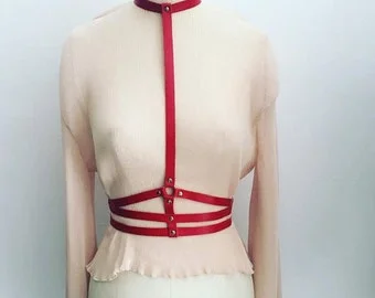 pornhint Pornhint Harness; Leather straps; BDSM Harness; Black Red  Nude; Leather jewelry; Locking collar;Steampunk necklace; Handmade accessory;Lingerie Bra;