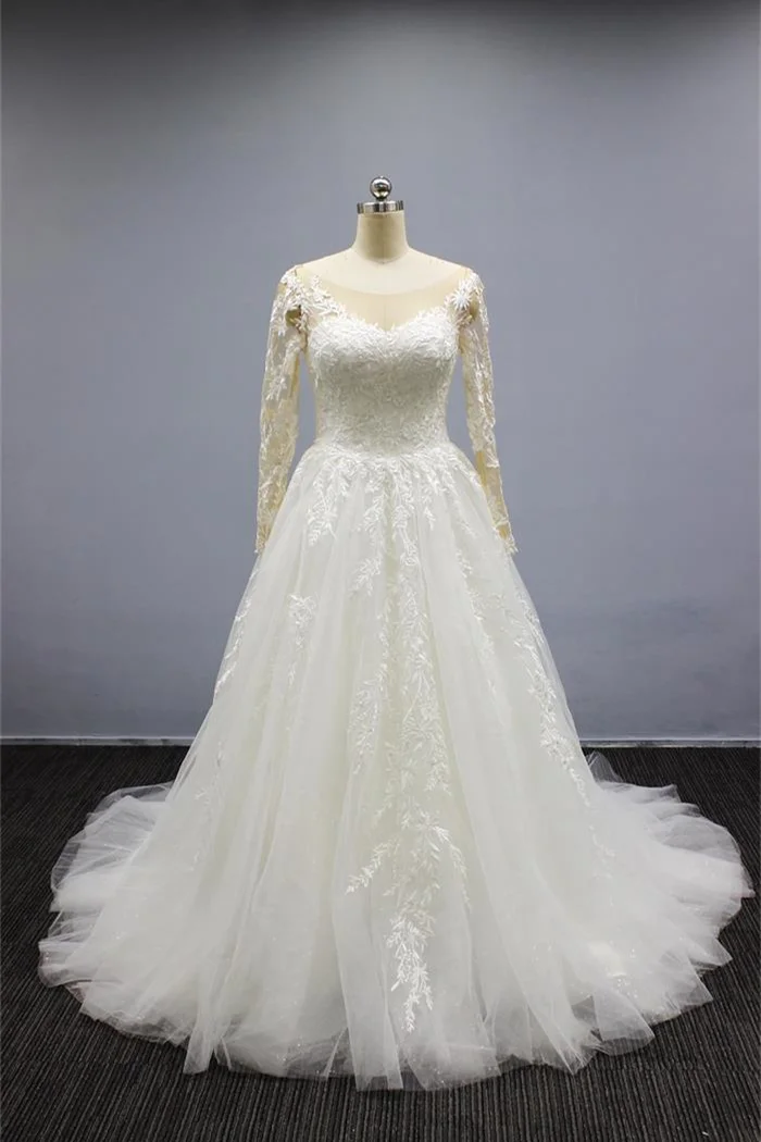 Daisda Long Sleeves Sweetheart A Line Wedding Dress Tulle With Appliques 
