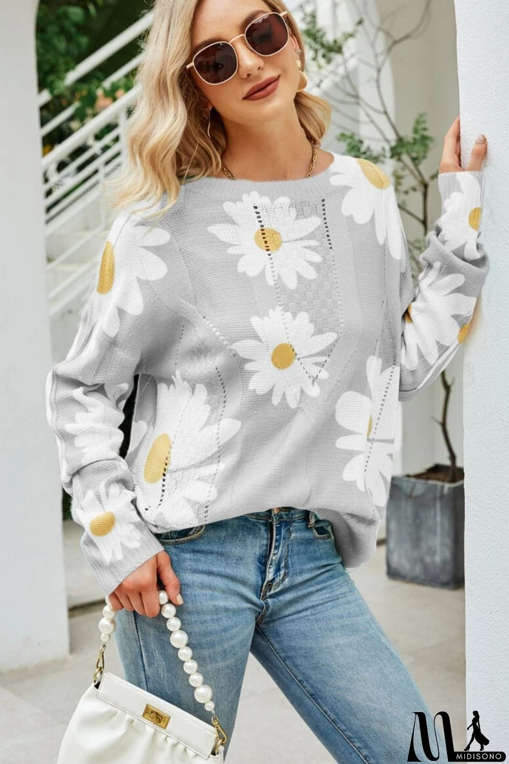 MidiSono - Daisy Print Openwork Round Neck Sweater
