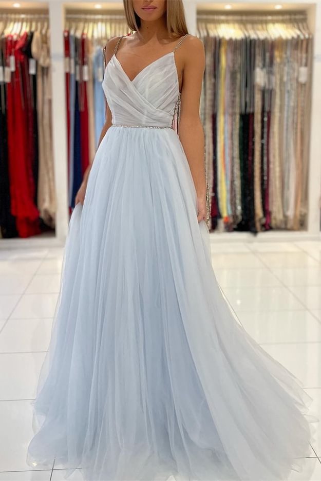 Spaghetti-Straps Light Sky Blue Tulle Long Prom Dress With Beads  | Ballbellas Ballbellas