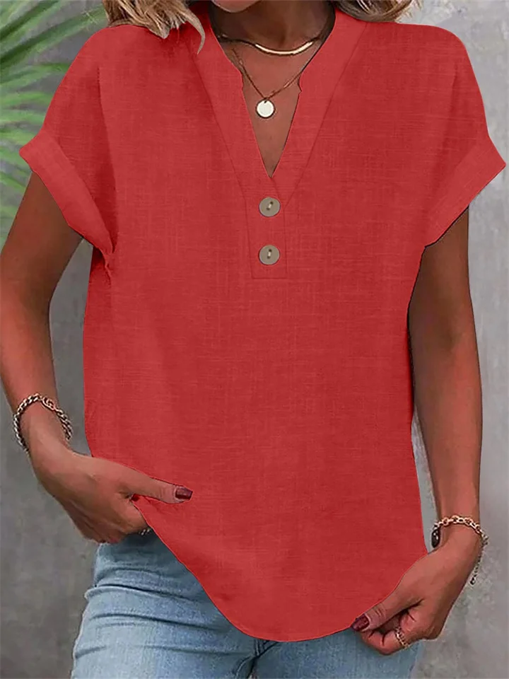Summer Solid-Color Stand-Up Collar Button-Down Short-Sleeve Women's Shirt-JRSEE