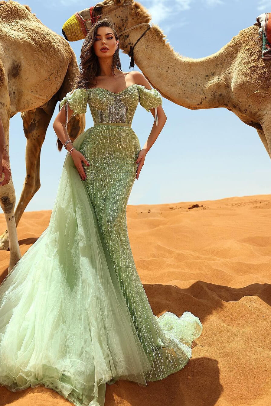 Chic Sage Off-the-Shoulder Sweetheart Mermaid Evening Gown With Ruffles Sequins - lulusllly