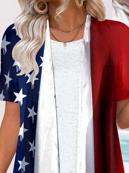 Women Short Sleeve V-neck National Flag Printed Graphic Two-Pieced Cardigan Tops