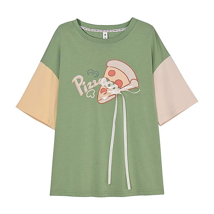 Cartoon Pizza Print Lace Up Colorblock T-Shirt - Modakawa Modakawa