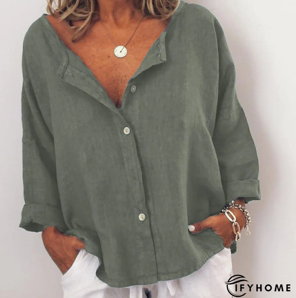 Women Casual Solid V Neck Cotton Long Sleeve Buttoned Tunic Top | IFYHOME