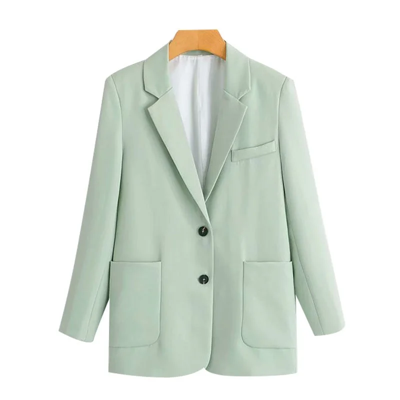 TRAF Women Fashion Office Wear Single Breasted Blazers Coat Vintage Long Sleeve Pockets Female Outerwear Chic Tops