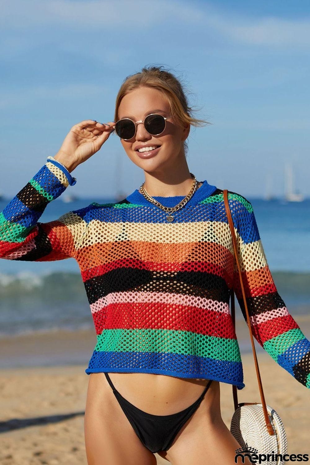 Rainbow Stripe Openwork Long Sleeve Cover-Up