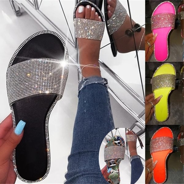 Fashion Flat Rhinestone Shiny Sandals Solid Color Casual Beach Flip Flops Slide Flash Bling Bling Slippers for Women - BlackFridayBuys