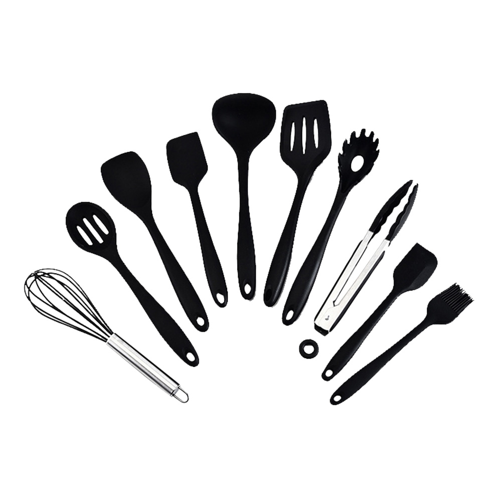

10pcs Silicone Cooking Utensils Set Kitchenware Spoon Ladle Kitchen Tool, Black, 501 Original