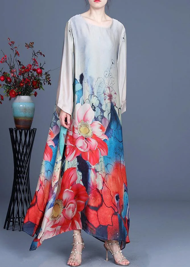 Bohemian Grey Print asymmetrical design Silk Summer Mid Dress